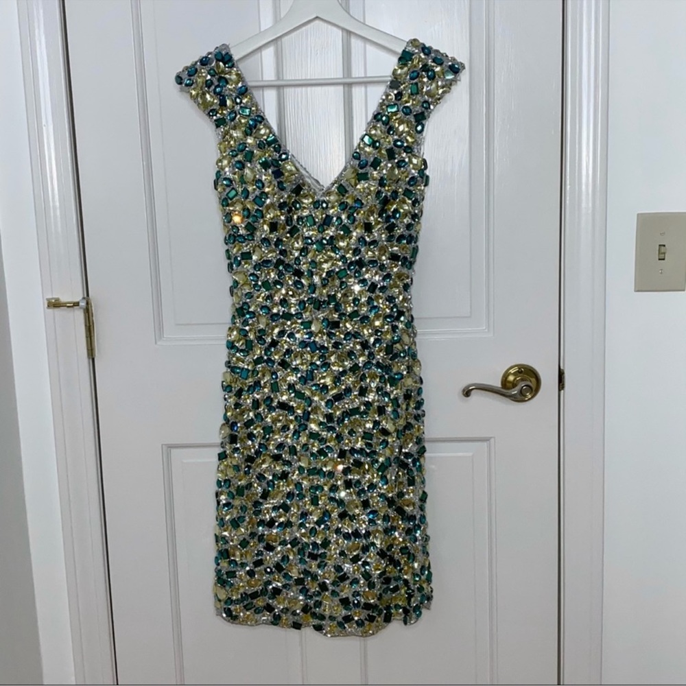 NWT Colors Crystals & Sequins Teal Mini Dress Size 2 - Picture 3 of 9